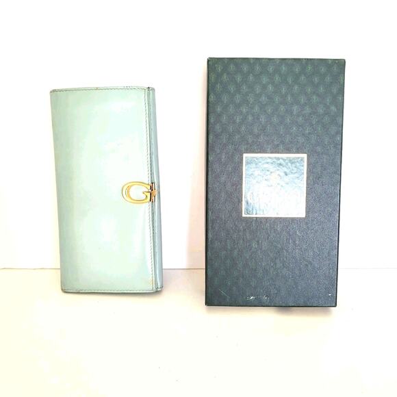 GUCCI Vintage Clasp Horsebit Wallet Bifold Blue Large Retro Clutch Leather Box - Picture 1 of 14